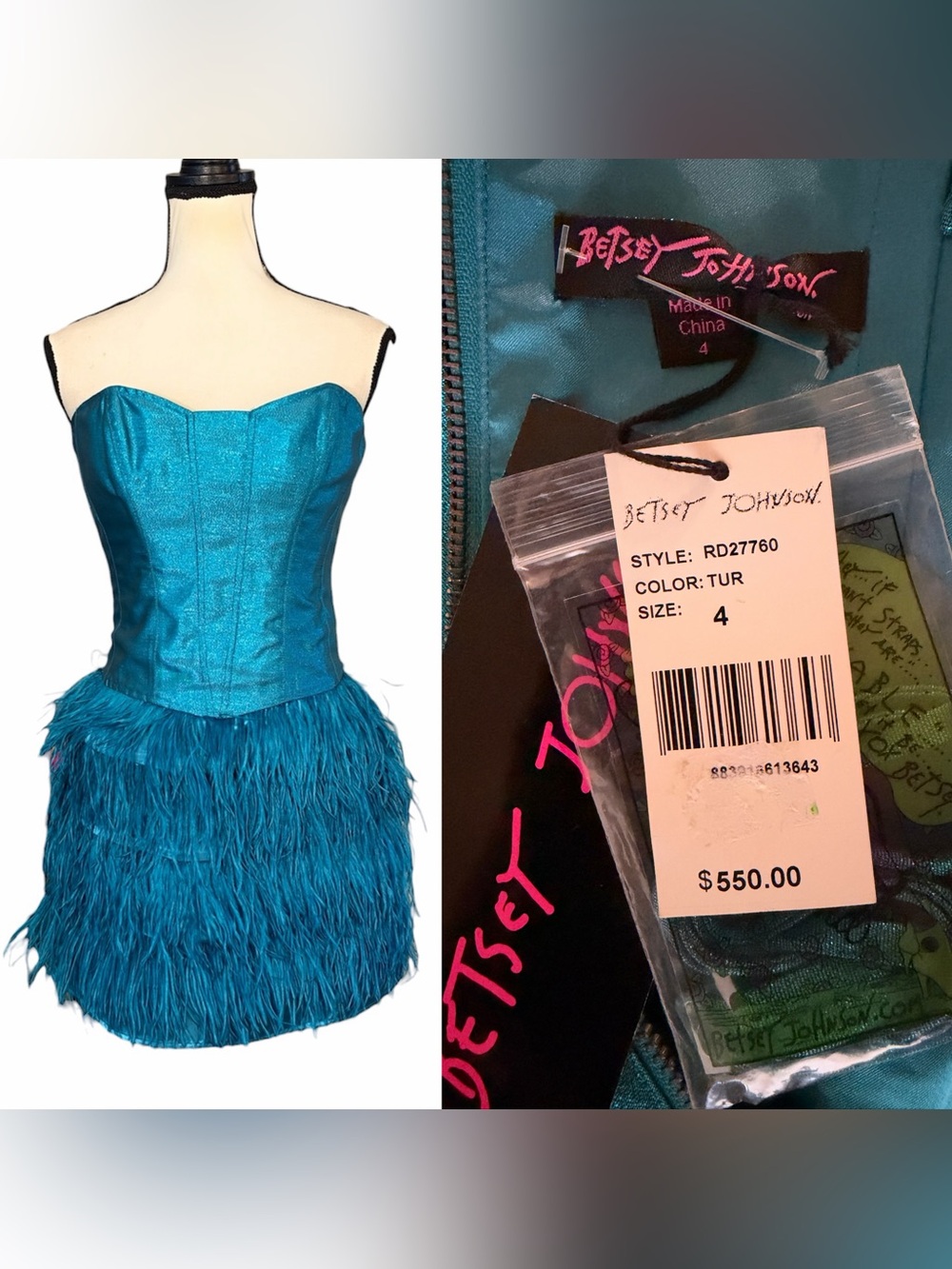 NWT Vintage Y2K Betsey Johnson Teal Strapless Ostrich Feather Hoco Mini Dress